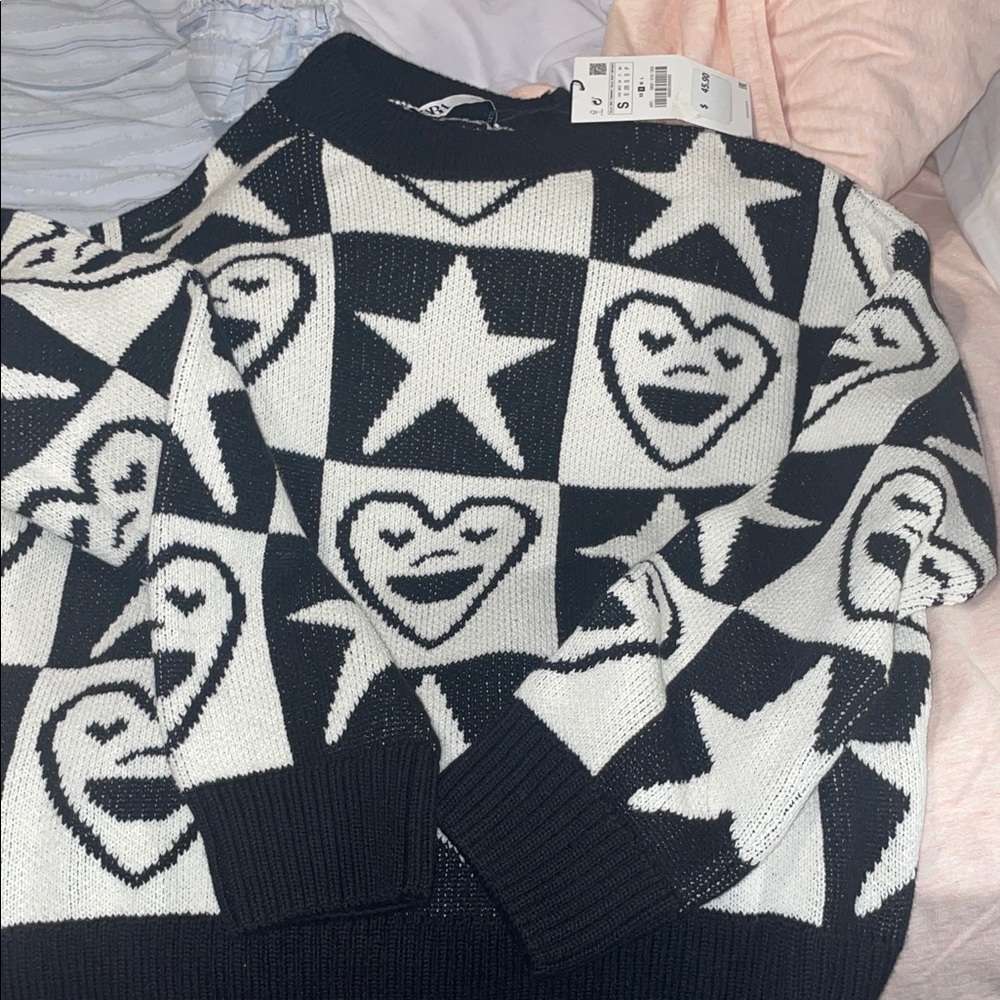 Zara Black and White Heart & Star Pattern Crewneck Sweater